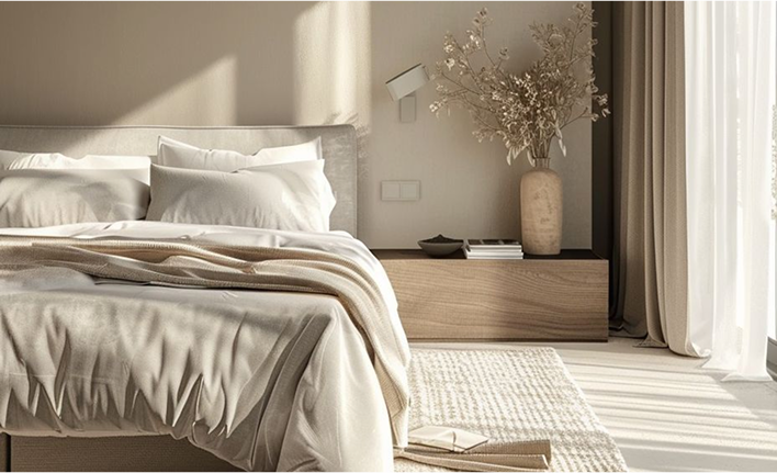 sovrum med beige tema